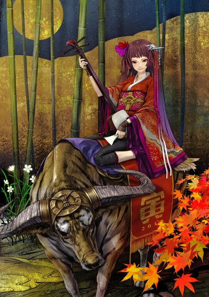 Anime picture 2516x3579 with original kaorihime redjuice single long hair tall image highres smile red eyes brown hair absurdres japanese clothes horn (horns) girl flower (flowers) bow ribbon (ribbons) plant (plants) animal kimono