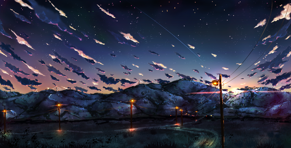 Anime picture 1500x767 with original buell22 wide image sky cloud (clouds) evening sunset mountain no people landscape twilight plant (plants) star (stars) grass lantern power lines road lamppost