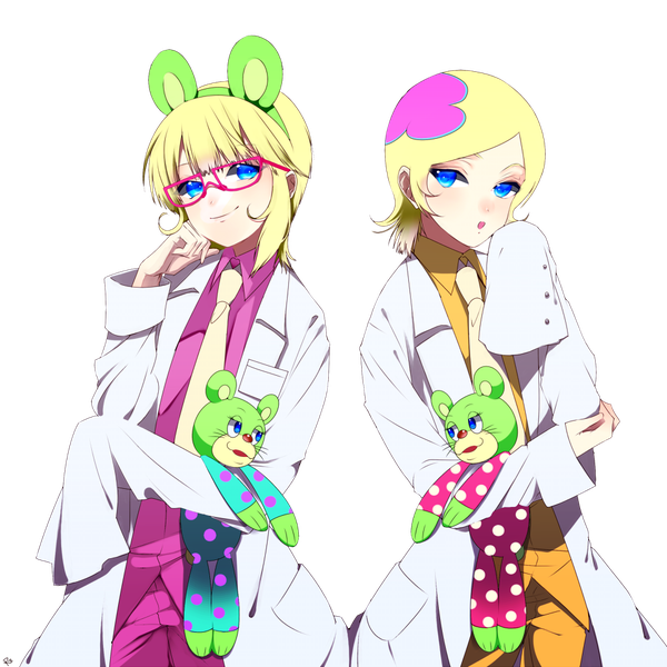 Anime picture 1000x1000 with kuuchuu buranko toei animation irabu ichiro cougar looking at viewer short hair open mouth blue eyes blonde hair smile animal ears long sleeves transparent background dual persona boy glasses toy stuffed animal labcoat