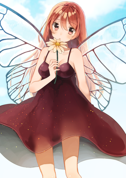 Anime picture 566x800 with original shigure ui single long hair tall image looking at viewer blush fringe hair between eyes holding payot sky cloud (clouds) parted lips head tilt pink eyes orange hair sleeveless insect wings butterfly wings