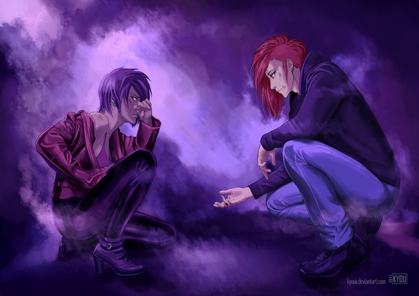 Anime picture 1273x900 with original kyoux (artist) long hair short hair simple background bare shoulders purple hair red hair profile light smile open clothes open jacket high heels couple dark skin squat face to face purple background girl boy