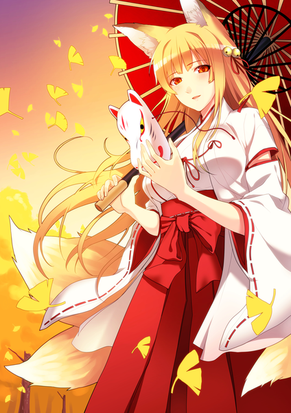 Anime picture 1457x2064 with original kat (bu-kunn) single long hair tall image looking at viewer fringe breasts blonde hair red eyes holding animal ears sky outdoors tail traditional clothes japanese clothes animal tail wide sleeves from below