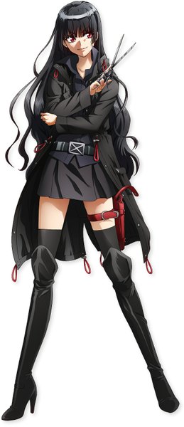 Anime picture 674x1556 with inu to hasami wa tsukaiyou natsuno kirihime tagme (artist) single long hair tall image fringe black hair simple background smile red eyes standing white background looking away open clothes open jacket official art wavy hair girl skirt
