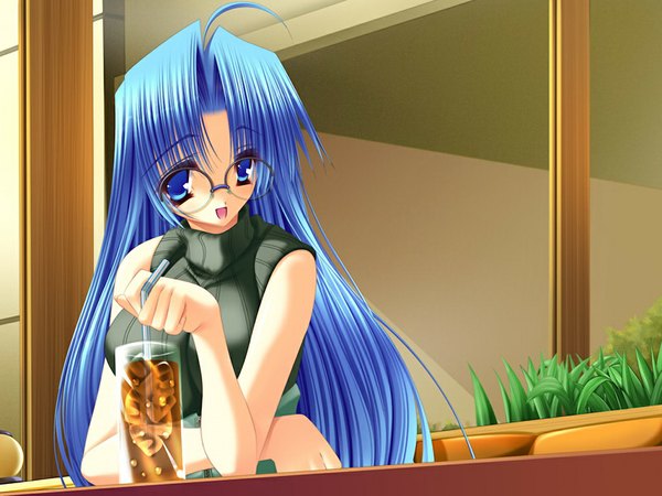 Anime picture 1024x768 with puni puni handmaid nishima yukiko single long hair blue eyes blue hair game cg ahoge girl glasses