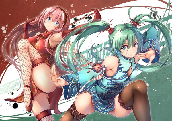 Anime picture 1500x1059 with vocaloid hatsune miku megurine luka bit (keikou syrup) long hair fringe blue eyes light erotic hair between eyes standing twintails multiple girls pink hair traditional clothes aqua hair armpit (armpits) standing on one leg chinese clothes fighting stance thick thighs