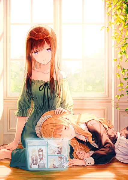 Anime picture 2533x3567 with original hiten (hitenkei) long hair tall image looking at viewer blush fringe highres blonde hair brown hair sitting purple eyes bare shoulders multiple girls indoors lying blunt bangs parted lips head tilt barefoot