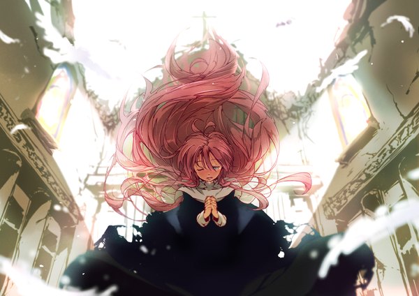 Anime picture 1980x1400 with vocaloid megurine luka eyebrow (pixiv) single long hair highres pink hair aqua eyes alternate costume torn clothes crying ruins nun girl cross
