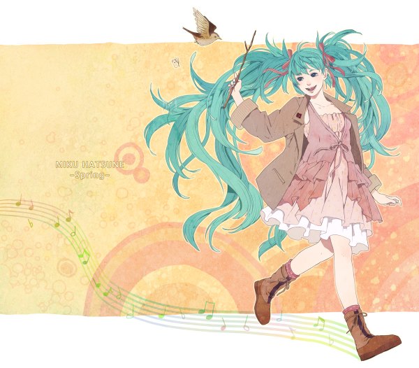 Anime picture 1200x1052 with vocaloid hatsune miku sumishuu long hair open mouth blue eyes twintails aqua hair girl dress ribbon (ribbons) animal jacket boots bird (birds) branch musical note