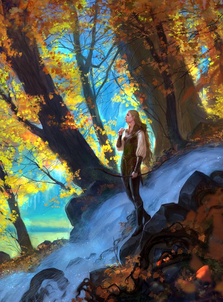 Anime picture 1184x1600 with original anndr (artist) single long hair tall image blonde hair standing full body outdoors profile pointy ears wavy hair elf scenic autumn nature rock waterfall girl weapon