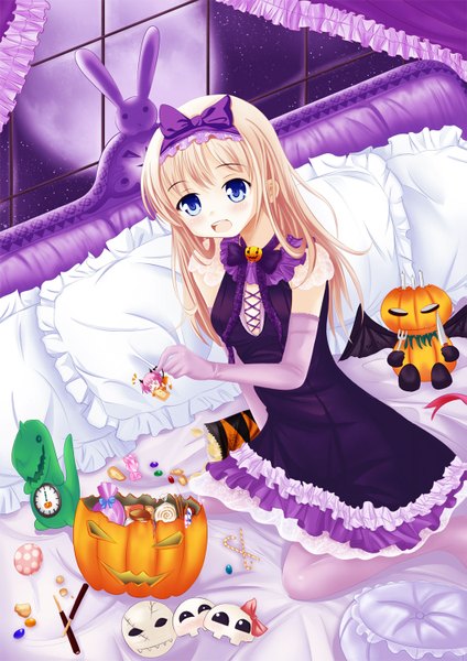 Anime picture 1061x1500 with original euforia single long hair tall image blush open mouth blue eyes blonde hair sitting halloween girl dress bow hair bow detached sleeves pillow vegetables jack-o'-lantern pumpkin