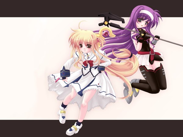 Anime picture 1600x1200 with mahou shoujo lyrical nanoha fate testarossa takamachi nanoha bardiche arisa bannings tsukimura suzuka raising heart frapowa long hair looking at viewer blush fringe open mouth blonde hair hair between eyes multiple girls purple hair full body long sleeves sleeves past wrists