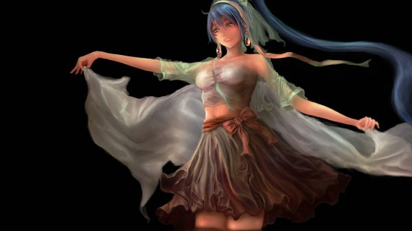 Anime picture 1042x586 with original ixaga single long hair fringe breasts blue eyes smile wide image bare shoulders holding blue hair looking away ponytail black background girl dress navel bow earrings