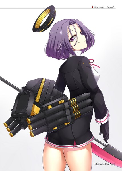 Anime picture 1025x1433 with kantai collection tatsuta light cruiser asya single tall image short hair purple eyes purple hair looking back girl gloves weapon black gloves mechanical halo