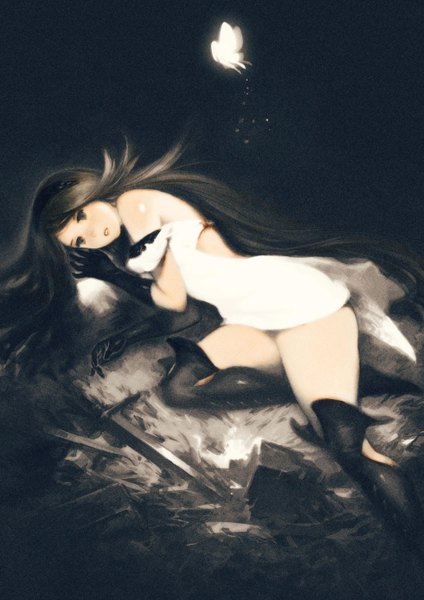 Anime picture 980x1386 with bravely default: flying fairy agnes oblige yoshida akihiko single tall image looking at viewer brown hair bare shoulders brown eyes lying very long hair night on side girl dress gloves weapon sword hairband white dress
