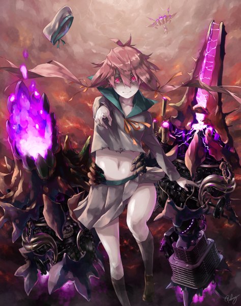 Anime picture 949x1200 with kantai collection error musume (kantai collection) re lucy single long hair tall image smile twintails signed pink hair sky bent knee (knees) pink eyes bare belly pointing girl navel ribbon (ribbons) weapon socks