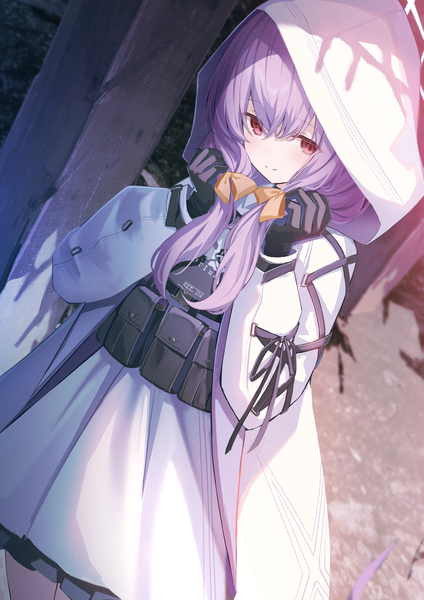 Anime picture 1191x1684 with blue archive atsuko (blue archive) takashima shoa single long hair tall image fringe smile hair between eyes red eyes standing twintails purple hair outdoors low twintails girl gloves black gloves hood