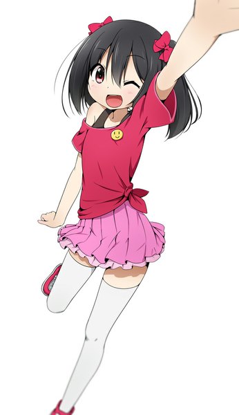 Anime picture 591x1024 with love live! school idol project sunrise (studio) love live! yazawa nico miyako hito single tall image looking at viewer short hair open mouth black hair simple background red eyes white background twintails pleated skirt one eye closed from above wink outstretched arm