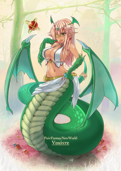 Anime picture 724x1024 with original pixiv fantasia pixiv fantasia new world rocknroll (artist) single long hair tall image blush breasts light erotic large breasts green eyes tail traditional clothes pointy ears grey hair bare belly midriff finger to mouth monster girl