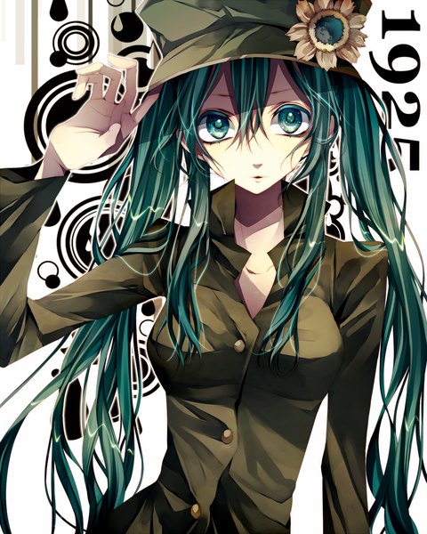 Anime picture 1400x1750 with vocaloid 1925 (vocaloid) hatsune miku tsukioka tsukiho long hair tall image twintails green eyes green hair casual girl flower (flowers) hat