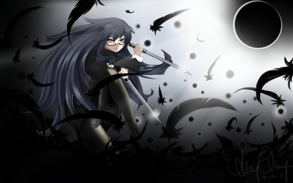 Anime picture 1920x1200 with original blackrosekjl single long hair looking at viewer highres black hair wide image brown eyes signed eclipse girl weapon glasses moon feather (feathers)