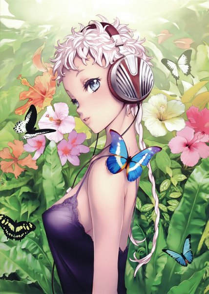Anime picture 713x1000 with original nishieda single long hair tall image looking at viewer white hair braid (braids) looking back grey eyes sleeveless twin braids silver eyes nature girl flower (flowers) plant (plants) headphones leaf (leaves) insect