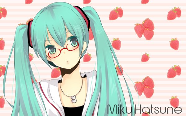 Anime picture 1280x800 with vocaloid hatsune miku long hair wide image twintails green eyes green hair striped background girl glasses food berry (berries) strawberry