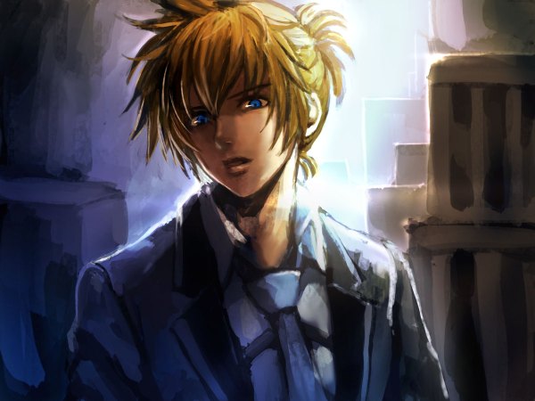 Anime picture 1200x900 with vocaloid kagamine len trans nido (artist) single looking at viewer fringe short hair open mouth blue eyes blonde hair ponytail light boy necktie suit
