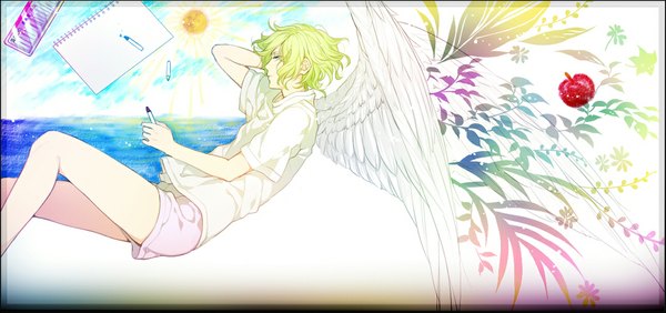 Anime picture 1092x514 with original tayuya1130 single short hair wide image holding sky profile aqua eyes green hair border angel wings girl wings water shorts sea t-shirt sun paper