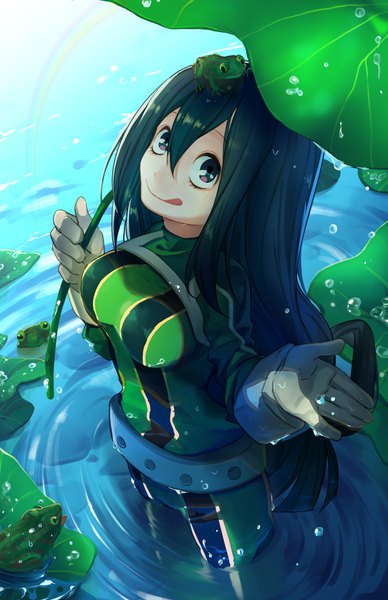 Anime picture 2419x3736 with boku no hero academia studio bones asui tsuyu luo jie single long hair tall image looking at viewer fringe highres breasts smile hair between eyes holding green eyes green hair from above wet partially submerged looking up