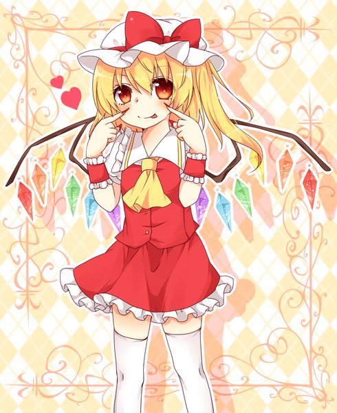 Anime picture 1147x1405 with touhou flandre scarlet yuria (kittyluv) single tall image looking at viewer blush short hair blonde hair red eyes :p girl thighhighs skirt bow white thighhighs wings heart tongue wrist cuffs