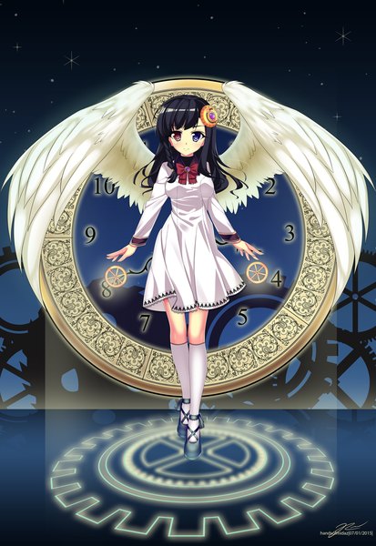Anime picture 900x1307 with kin no tatchi (kanente) single long hair tall image looking at viewer blush breasts blue eyes black hair red eyes standing light smile heterochromia angel wings girl dress wings socks white socks