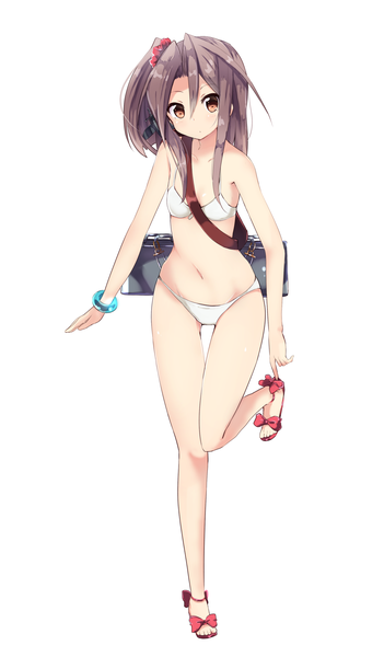 Anime picture 2048x3498 with kantai collection zuihou light aircraft carrier amano kouki single long hair tall image looking at viewer blush fringe highres breasts light erotic brown hair white background brown eyes bent knee (knees) ponytail flat chest standing on one leg girl