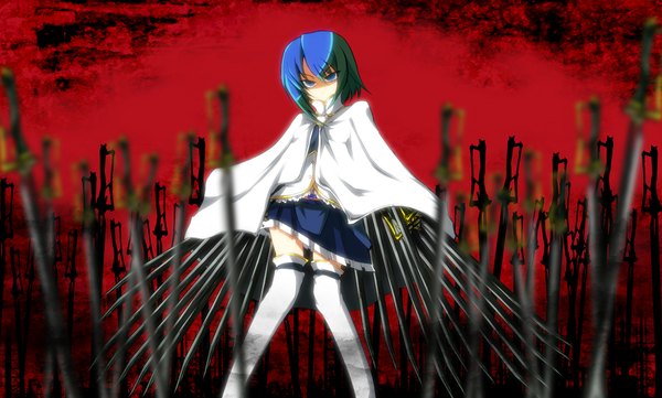 Anime picture 1399x842 with mahou shoujo madoka magica shaft (studio) miki sayaka akenoin (artist) single short hair blue eyes wide image blue hair red background girl thighhighs weapon sword