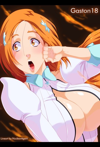 Anime picture 1759x2586 with bleach studio pierrot inoue orihime tongasart long hair tall image blush highres breasts open mouth light erotic large breasts signed cleavage hair flower orange hair teeth orange eyes letterboxed girl