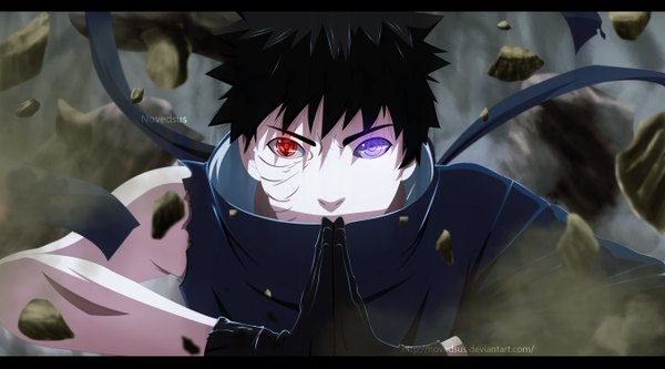 Anime picture 2700x1500 with naruto studio pierrot naruto (series) uchiha obito tobi novedsus single highres red eyes wide image purple eyes heterochromia coloring torn clothes portrait scar akatsuki sharingan rinnegan boy