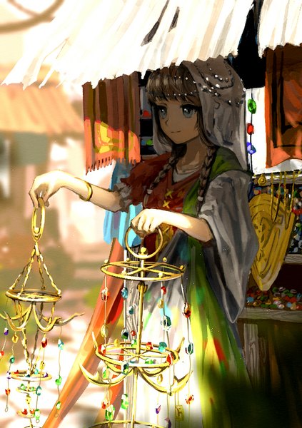 Anime picture 595x842 with original tsukun112 single long hair tall image fringe blue eyes smile brown hair standing braid (braids) sunlight twin braids girl dress hair ornament bracelet cape jewelry beads