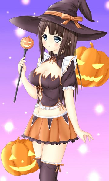 Anime picture 540x900 with original tear yu single long hair tall image blush breasts blue eyes black hair standing cleavage light smile halloween witch girl thighhighs skirt black thighhighs hat miniskirt