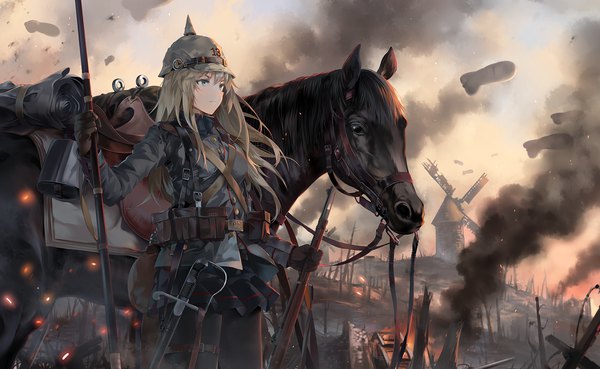 Anime picture 1670x1029 with battlefield battlefield 1 neko (yanshoujie) single long hair blue eyes blonde hair wide image standing looking away sky wind from below smoke military war girl skirt uniform weapon