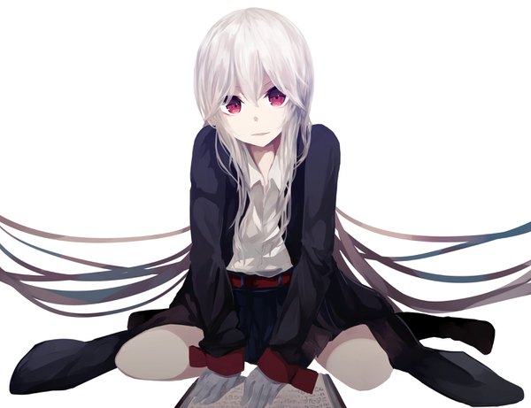 Anime picture 3144x2420 with original roa (ogami ren) ogami ren single long hair looking at viewer fringe highres simple background hair between eyes red eyes white background sitting absurdres full body white hair parted lips wariza girl skirt
