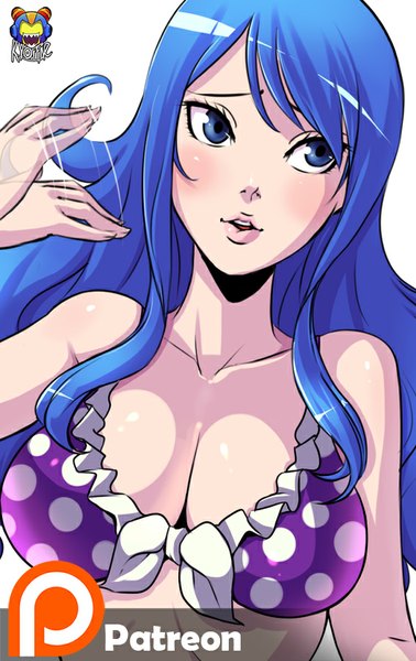 Anime picture 567x900 with fairy tail juvia lockser kyoffie12 single long hair tall image blush fringe breasts blue eyes light erotic simple background white background blue hair looking away girl bikini top