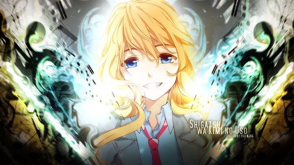 Anime picture 1920x1080 with shigatsu wa kimi no uso a-1 pictures miyazono kaori redeye27 single long hair looking at viewer fringe highres blue eyes blonde hair smile hair between eyes wide image upper body wallpaper copyright name open collar girl uniform