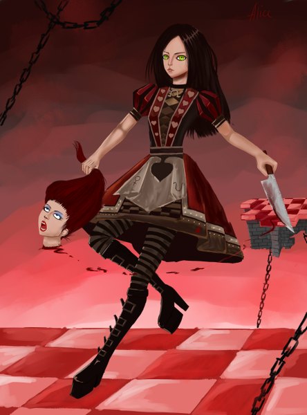 Anime picture 1891x2550 with american mcgee's alice (game) alice: madness returns alice (american mcgee's) air monger long hair tall image highres short hair open mouth light erotic black hair holding green eyes red hair lips short sleeves high heels red background checkered floor floor
