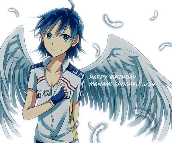 Anime picture 1200x1000 with yowamushi pedal sangaku manami tm-pika single short hair blue eyes simple background smile white background blue hair upper body ahoge character names open collar angel wings happy birthday boy gloves uniform wings