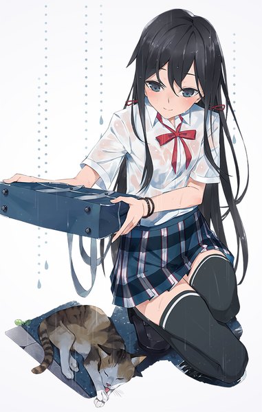 Anime picture 585x921 with yahari ore no seishun love comedy wa machigatteiru. brains base (studio) yukinoshita yukino hayashi kewi single long hair tall image blush black hair pleated skirt grey eyes zettai ryouiki kneeling plaid skirt wet clothes girl thighhighs skirt uniform black thighhighs