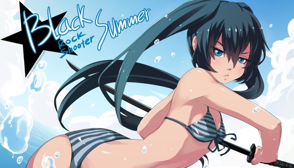 Anime picture 1444x827 with black rock shooter black rock shooter (character) dream-of-abell single long hair looking at viewer blush blue eyes light erotic black hair wide image twintails sky cloud (clouds) copyright name girl weapon swimsuit bikini sword
