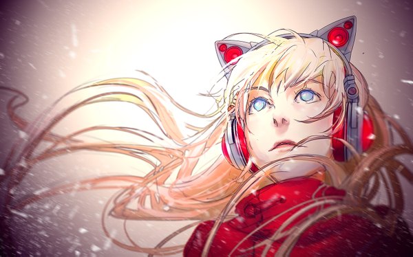 Anime picture 1500x935 with original axent wear headphones yuumei single long hair fringe blue eyes blonde hair simple background wide image looking away wind from below snowing looking up close-up girl headphones cat ear headphones