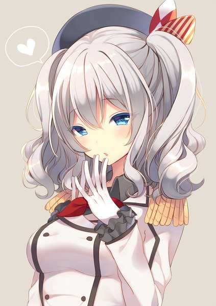 Anime picture 1000x1418 with kantai collection kashima training cruiser yuita (yuita17) single long hair tall image looking at viewer blush fringe open mouth blue eyes hair between eyes silver hair upper body fingers together girl gloves uniform white gloves heart