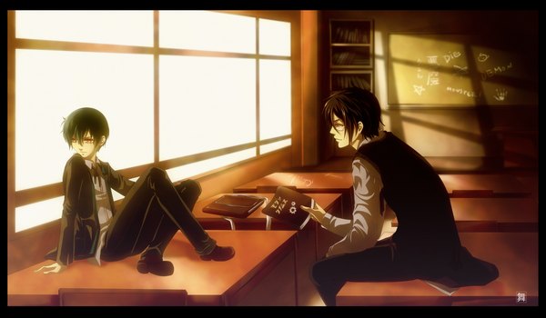 Anime picture 1417x827 with kuroshitsuji a-1 pictures sebastian michaelis ciel phantomhive kuro-mai short hair black hair wide image looking away border classroom boy glasses bag shelf bookshelf blackboard