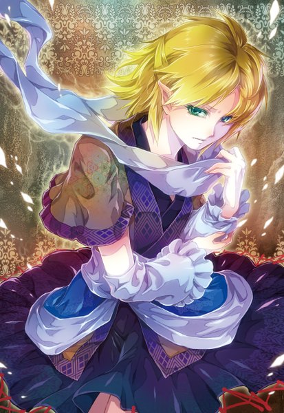Anime picture 870x1264 with touhou mizuhashi parsee yukimichi (nieko) single tall image short hair blonde hair green eyes looking away pointy ears sad girl dress detached sleeves scarf