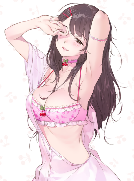 Anime picture 953x1278 with original tonito single long hair tall image looking at viewer blush fringe breasts light erotic brown hair large breasts white background brown eyes upper body parted lips head tilt fingernails light smile arms up